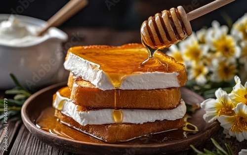 Breakfast bliss: French toast layered with yogurt and drizzled in honey.