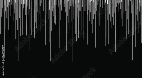 Abstract Black Background with Falling Vertical White Lines, Emphasizing Digital Rain, Data Flow, and Technology Aesthetics