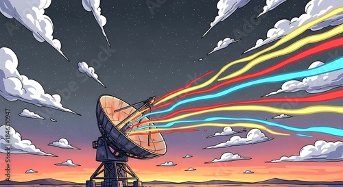 Vibrant cosmic signals emanate from a satellite dish against a twilight sky filled with swirling clouds and stars