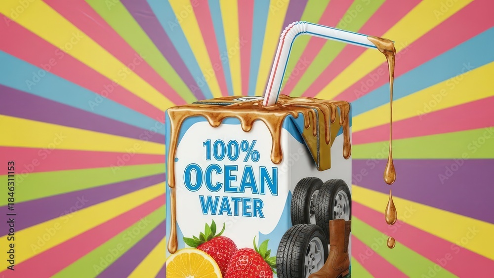 Fototapeta premium Colorful juice carton with '100% ocean water' text, containing fruits, tires, and a boot. Concept of absurd advertising