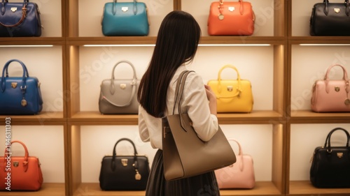 Sophisticated Shopper: A woman with elegant attire browses a collection of vibrant handbags displayed, embodying the allure of fashion and style. 