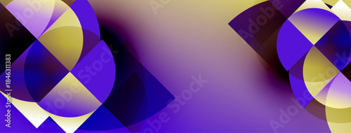 Abstract composition features overlapping circles, gradients. Purple, gold hues dominate design. Minimalist, modern aesthetic.