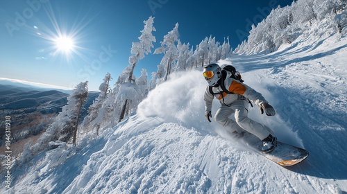 Snowboarder slides at ski slope. Man snowboarder riding on slope.