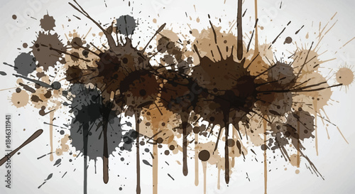 Aggressive Brown and Black Ink Splatters and Drips on a Clean White Background, Grunge and Artistic Texture