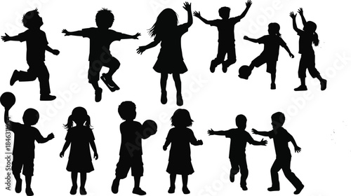 Collection of black silhouettes of children playing