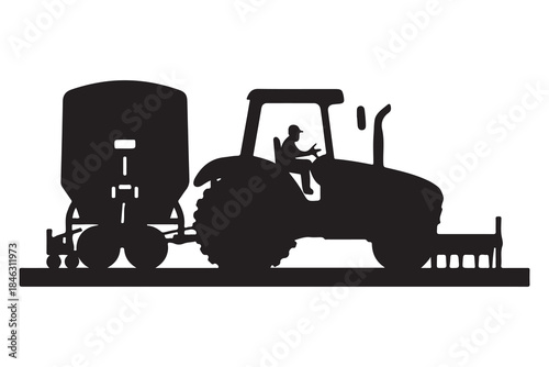  A silhouette illustration of a farmer operating a tractor with agricultural machinery