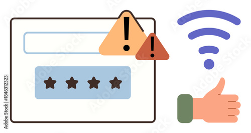 Login screen with password box, security warnings, wireless signal, and thumbs-up symbol. Ideal for cybersecurity, connectivity, authentication, digital approval, user experience online safety