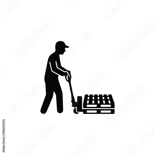 Man pushing pallet jack in black silhouette against white background, showcasing industrial productivity motion from right side.
