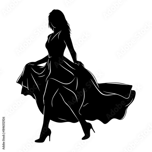 Chic Woman Silhouette Walking Forward with Dress Motion