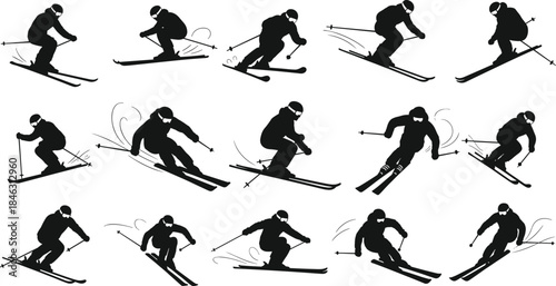 Dynamic Skiing Silhouettes: Winter Sports and Slopes Action Poses Vector Set