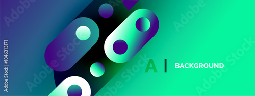 Abstract shapes, vibrant colors, gradient background. Modern design elements create dynamic visual composition. Turquoise, purple hues dominate scene.