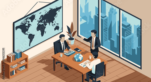 Three professional businessmen collaborate on global strategies during an important corporate meeting in a modern office overlooking a bustling cityscape.