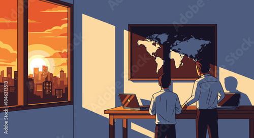 Two dedicated professionals in a sun-drenched office observe a world map, planning global strategies as a breathtaking sunset paints the city skyline outside.