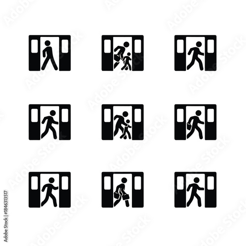 Visual Symbols of Individuals in Motion, Actively Entering and Exiting Doorways, Representing Human Traffic and Access