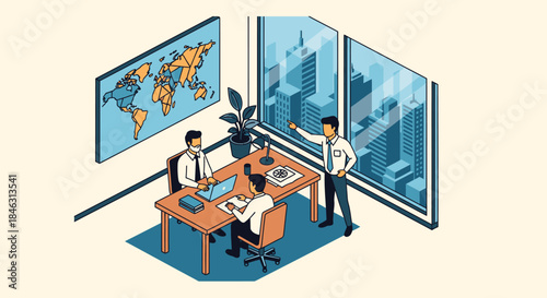 Three business professionals collaborate in a modern office, strategizing global expansion while viewing a cityscape and discussing international market trends.