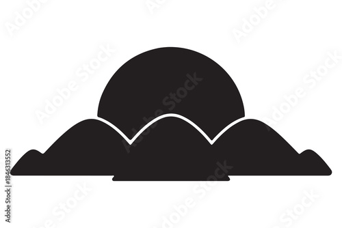  A stylized black silhouette icon depicting a rising sun over a range of mountains