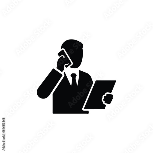 Professional businessman icon on a phone call while reviewing documents, representing communication and work tasks and productivity