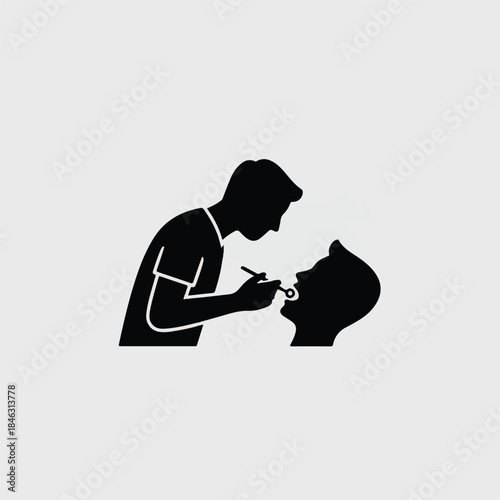 Dental care icon representing a dentist examining a patient's teeth