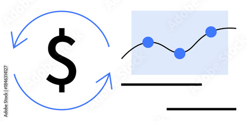 Dollar sign encircled by arrows symbolizes financial flow next to a line graph with dots denoting data points. Ideal for business strategy, investment, fintech, startup, economy, profit, simple flat