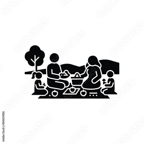 Happy family picnic outing silhouette illustration, enjoying leisurely time together outdoors in nature