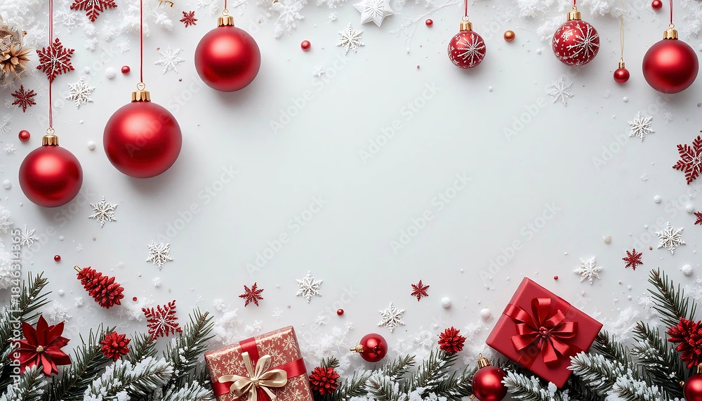Naklejka premium Świąteczne białe zimowe tło z bombkami i prezentami. Miejsce na tekst