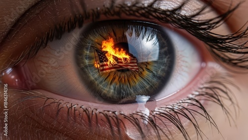 Sorrowful adult person crying with burning american flag reflected in eye. Concept of national distress