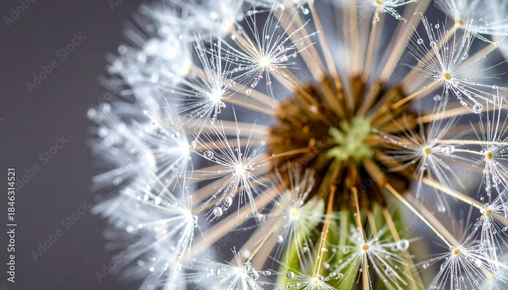 Obraz premium Close-up of a dandelion seed head, wet with tiny water droplets