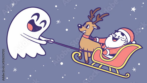 A cheerful cartoon ghost pulls Santa Claus and a reindeer in a sleigh across a snowy night sky.