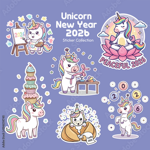 A cute sticker collection featuring six playful unicorns celebrating New Year 2026 with various activities, set against a pastel purple background.