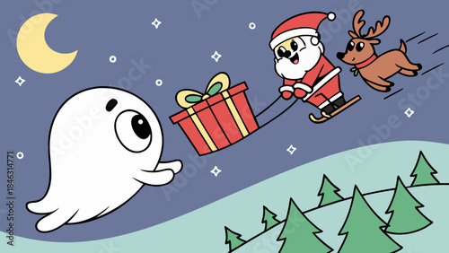 Cute Chrismast ghost meets santa claus and reindeer on a flying sleight when he is about to deliver Christmas gifts present to residents 