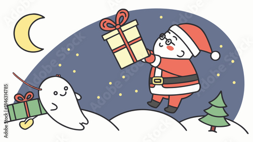 Santa Claus and a cute ghost delivering Christmas gifts on a snowy night under a crescent moon and stars.