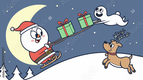 Snowmen and reindeer meets cute Chrismast ghost on a flying sleight when he is about to deliver Christmas present to residents 