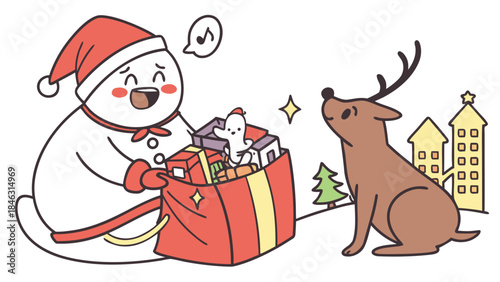 Cute Chrismast ghost and reindeer distribute Christmas gifts to All residents 