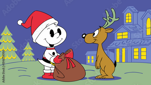 Cute Chrismast ghost and deer distribute Christmas gifts to all residents 