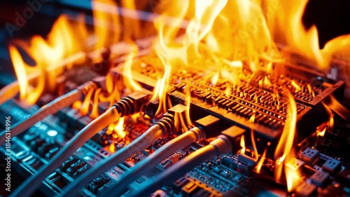A computer motherboard on fire with ethernet cables on it