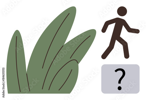 Stick figure walking near tall green leaves with a question mark suggesting curiosity or discovery. Ideal for mystery, exploration, decision-making, uncertainty, problem-solving, adventure, learning