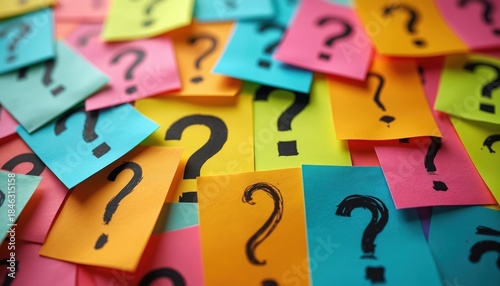 Heap of colorful sticky notes filled with question marks. Representing many queries confusion and indecision for a task or problem. A lot of colorful paper pieces asking for answers.