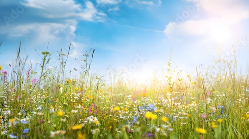 Fototapeta Naklejka Na Ścianę i Meble -  Vibrant wildflower meadow bathed in sunlight a serene summer landscape brimming with joyful energy