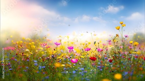 Fototapeta Naklejka Na Ścianę i Meble -  Serene wildflower meadow bathed in summer sunlight a peaceful nature landscape scene