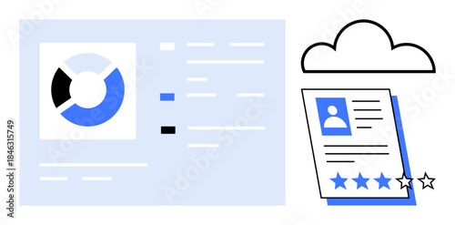 Circular data chart, text analytics, star-rated profile document and cloud icon highlight data insights, performance metrics, professional evaluation. Ideal for analytics, recruitment, cloud storage