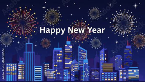 New Year's Eve City Fireworks: A dazzling display of fireworks light up the night sky over a cityscape, heralding the arrival of a new year.