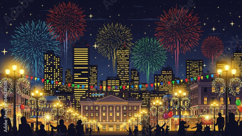 Cityscape Fireworks Display: A vibrant fireworks show illuminates a bustling cityscape, painting the night sky with bursts of color and light.