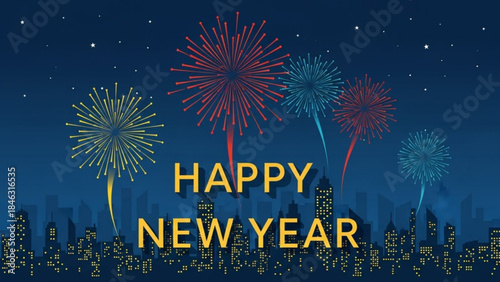 Festive New Year Fireworks: Vibrant fireworks explode above a silhouetted city skyline against a star-studded night, heralding the arrival of a joyful new year.