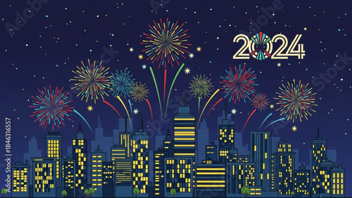 New Year 2024 Celebration: A vibrant cityscape lights up as fireworks burst in the night sky, marking the dawn of a new year, 2024.