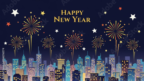 Fireworks over the City: New Year's Eve fireworks explode over a cityscape at night, with the words Happy New Year displayed, heralding new beginnings and festive cheer.