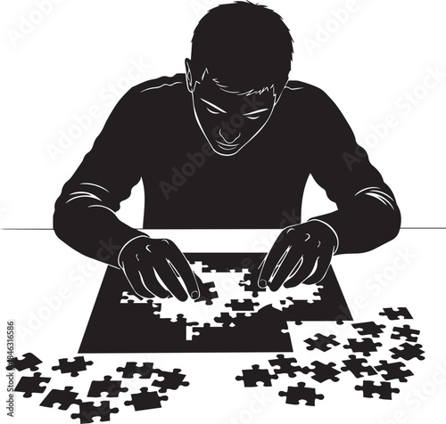 Silhouette of a person intently assembling a jigsaw puzzle for a relaxing hobby or pastime