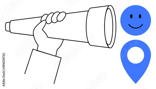 Exploration concept. Hand holding a telescope with a happy face and location map marker symbol. Exploration combines discovery, navigation, and curiosity. For travel, navigation apps, education