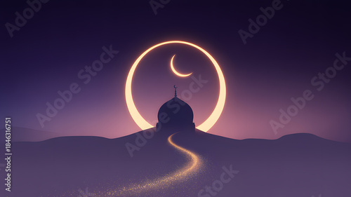 Serene mosque at dusk with crescent moon