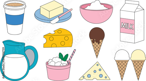 A vibrant vector set of outlined dairy products and related foods, including milk, cheese, ice cream cones, butter, and a coffee cup, perfect for grocery and food industry graphics.