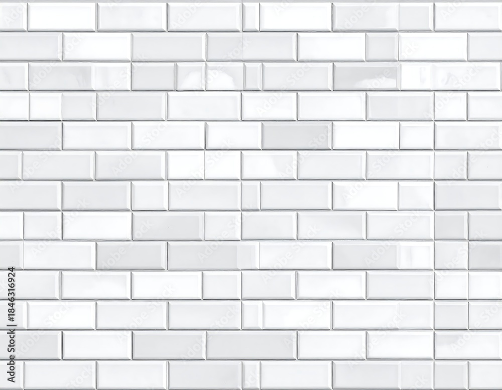 Fototapeta premium Glossy, white rectangular tiles in a brick-like pattern, repeating